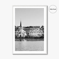 Reykjavik Black and White Fine Art Photo Print, Iceland City Center Lake Wall Poster