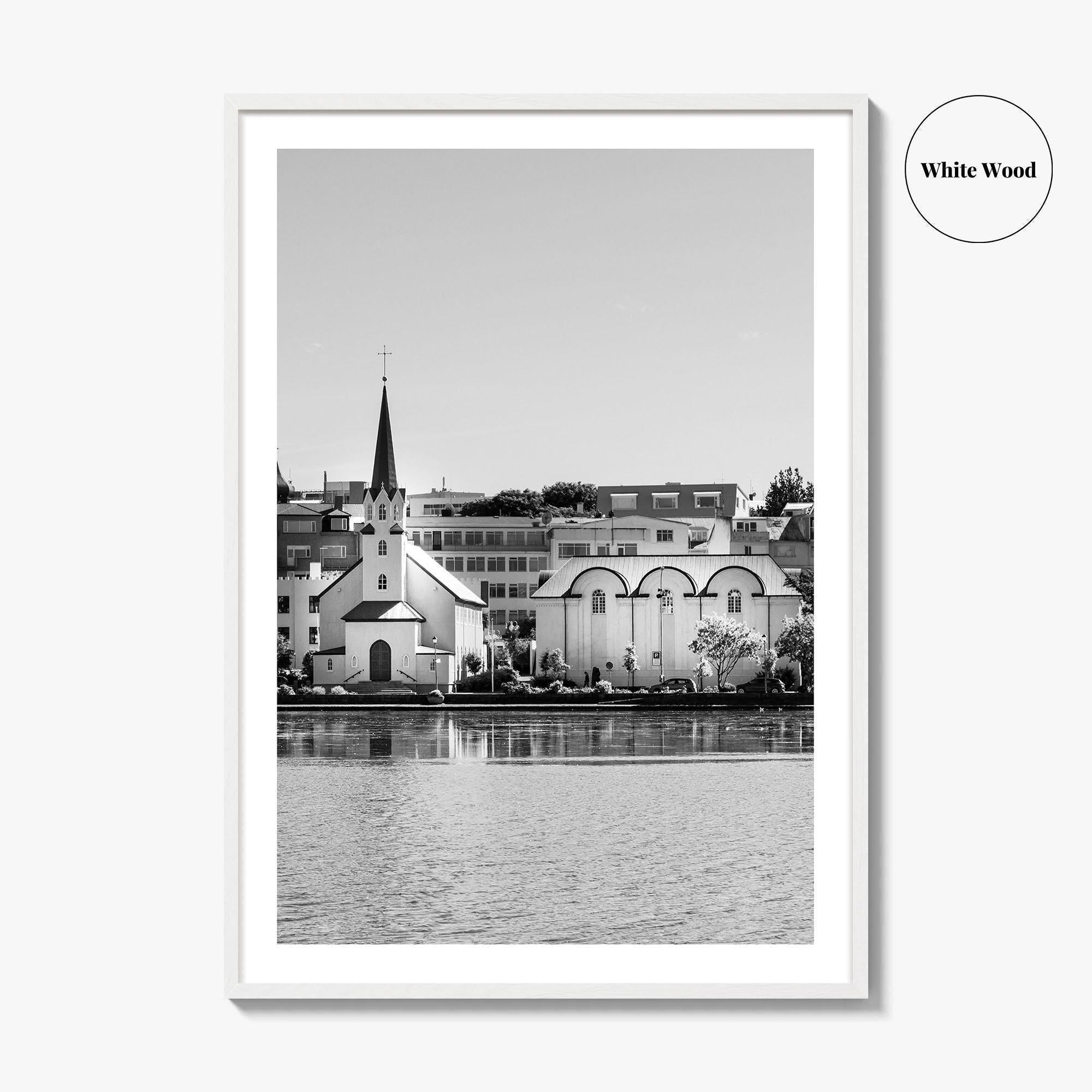 Reykjavik Black and White Fine Art Photo Print, Iceland City Center Lake Wall Poster