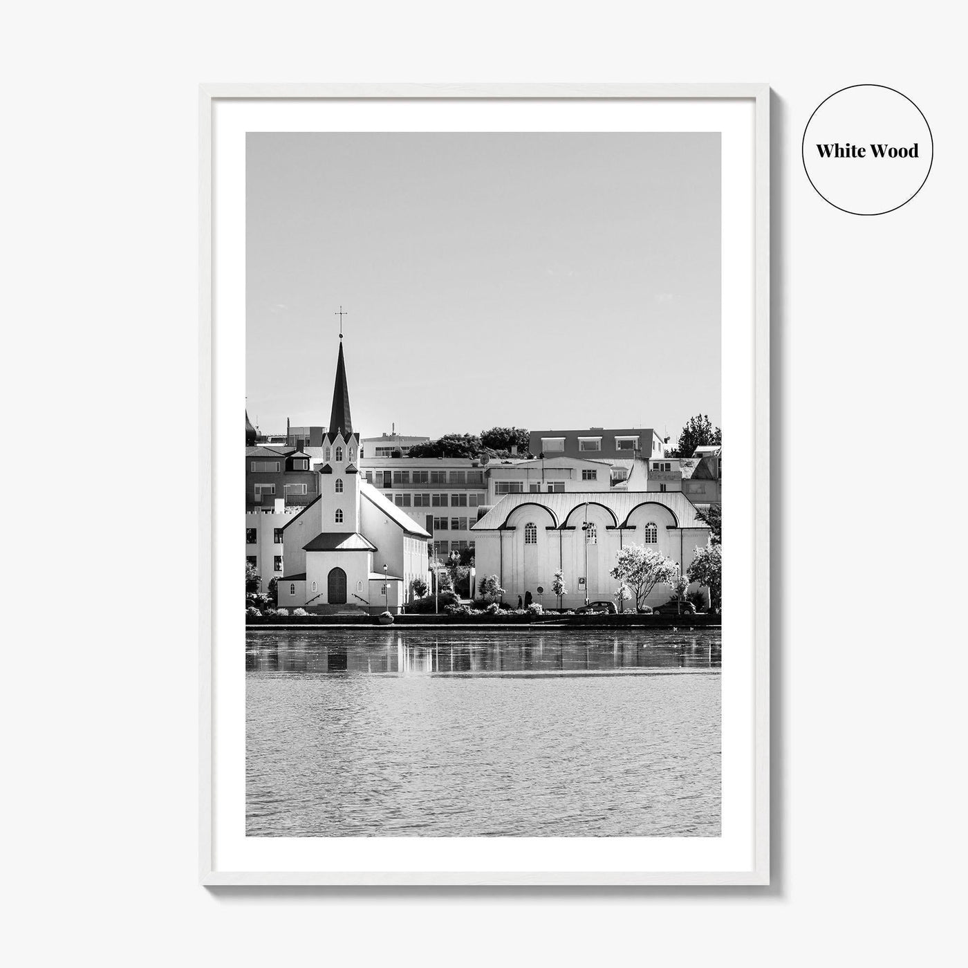 Reykjavik Black and White Fine Art Photo Print, Iceland City Center Lake Wall Poster