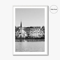 Reykjavik Black and White Fine Art Photo Print, Iceland City Center Lake Wall Poster