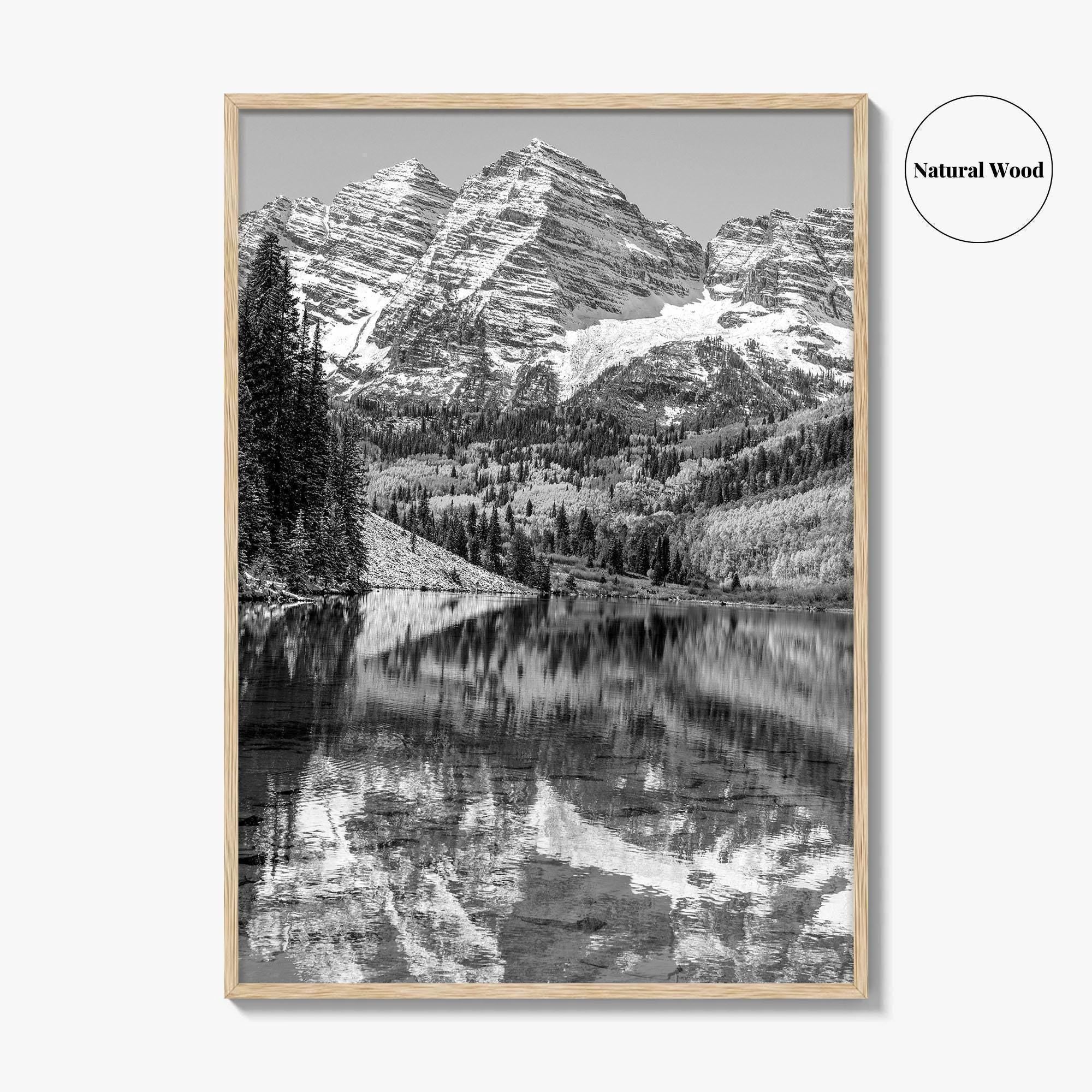 Maroon Bells Black and White Fine Art Photo Print, Aspen Colorado Lake Poster