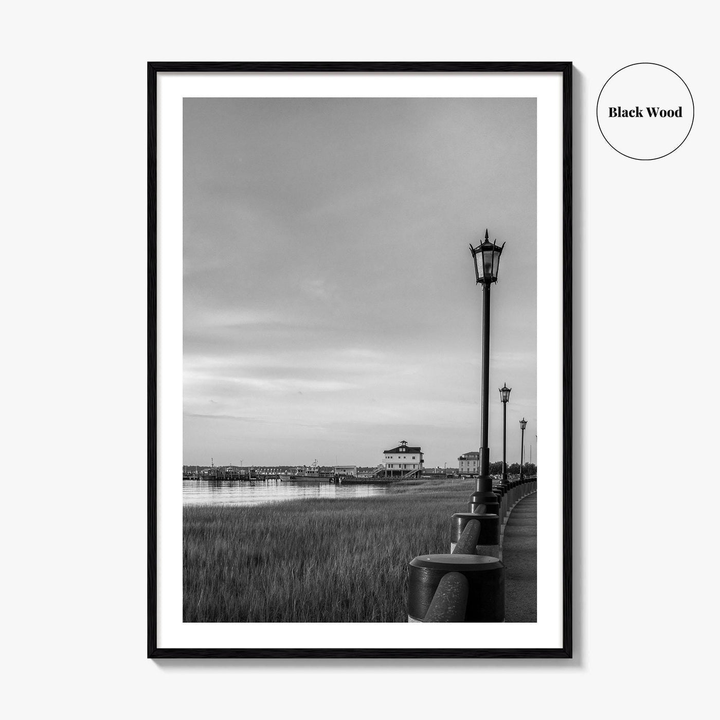 Charleston South Carolina Black and White Fine Art Photo Print, Boardwalk, Street Lamps, USA