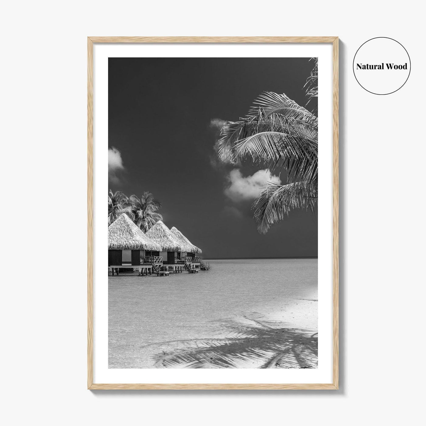 Maldives Black and White Fine Art Photo Print, Overwater Bungalows, Tropical Beach, Wall Poster