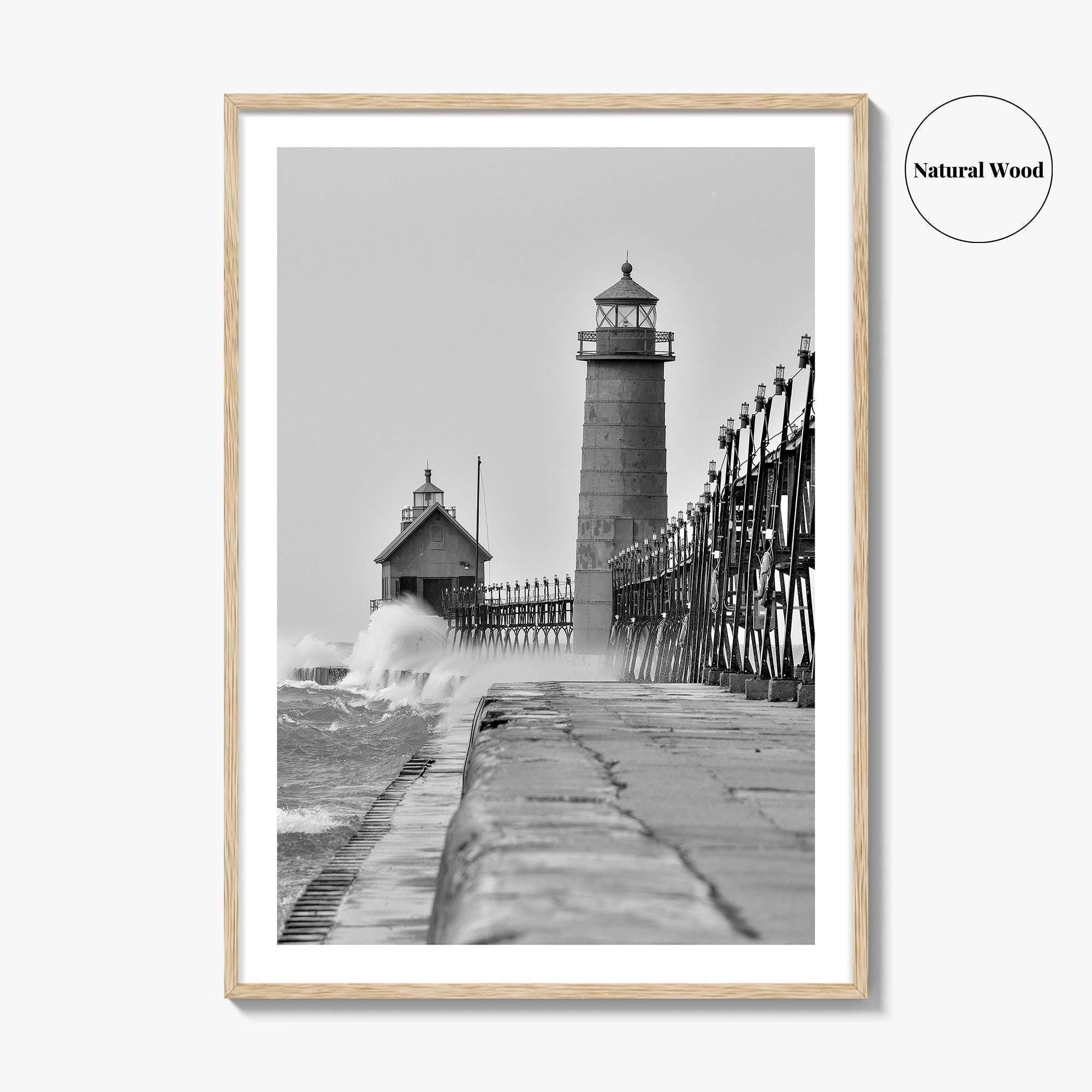 Grand Haven Black and White Fine Art Photo Print, Lighthouse, Michigan USA, Wall Poster