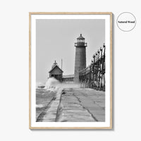 Grand Haven Black and White Fine Art Photo Print, Lighthouse, Michigan USA, Wall Poster
