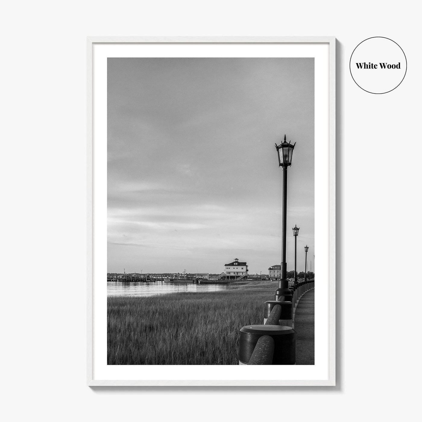 Charleston South Carolina Black and White Fine Art Photo Print, Boardwalk, Street Lamps, USA