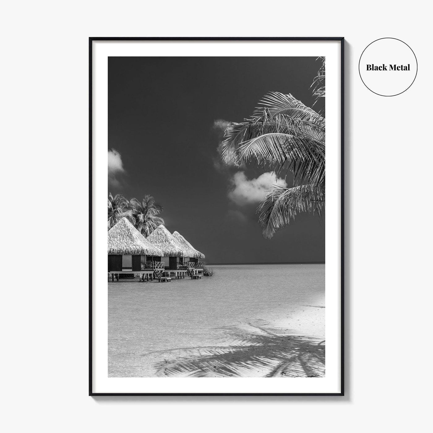 Maldives Black and White Fine Art Photo Print, Overwater Bungalows, Tropical Beach, Wall Poster