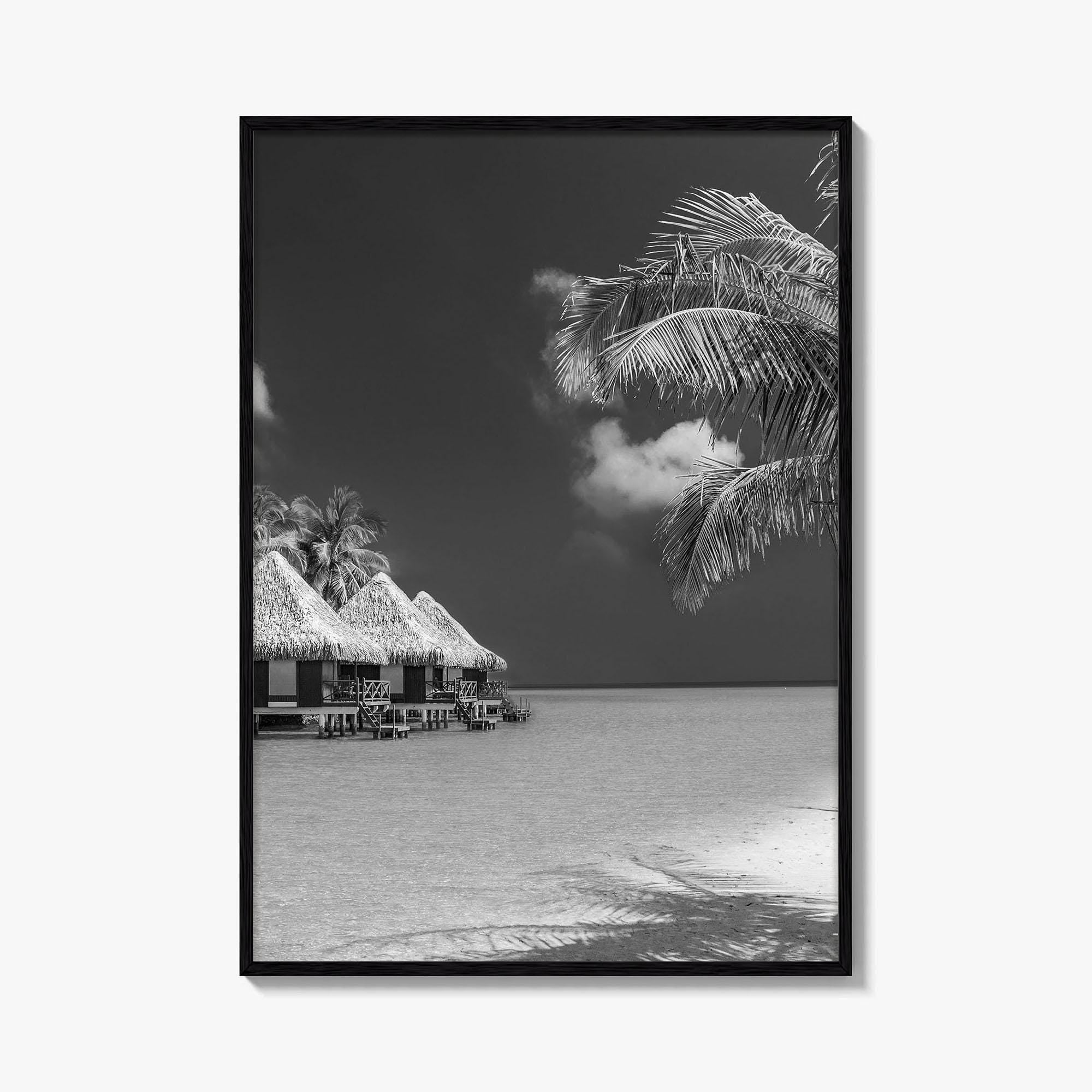 Maldives Black and White Fine Art Photo Print, Overwater Bungalows, Tropical Beach, Wall Poster