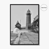 Grand Haven Black and White Fine Art Photo Print, Lighthouse, Michigan USA, Wall Poster