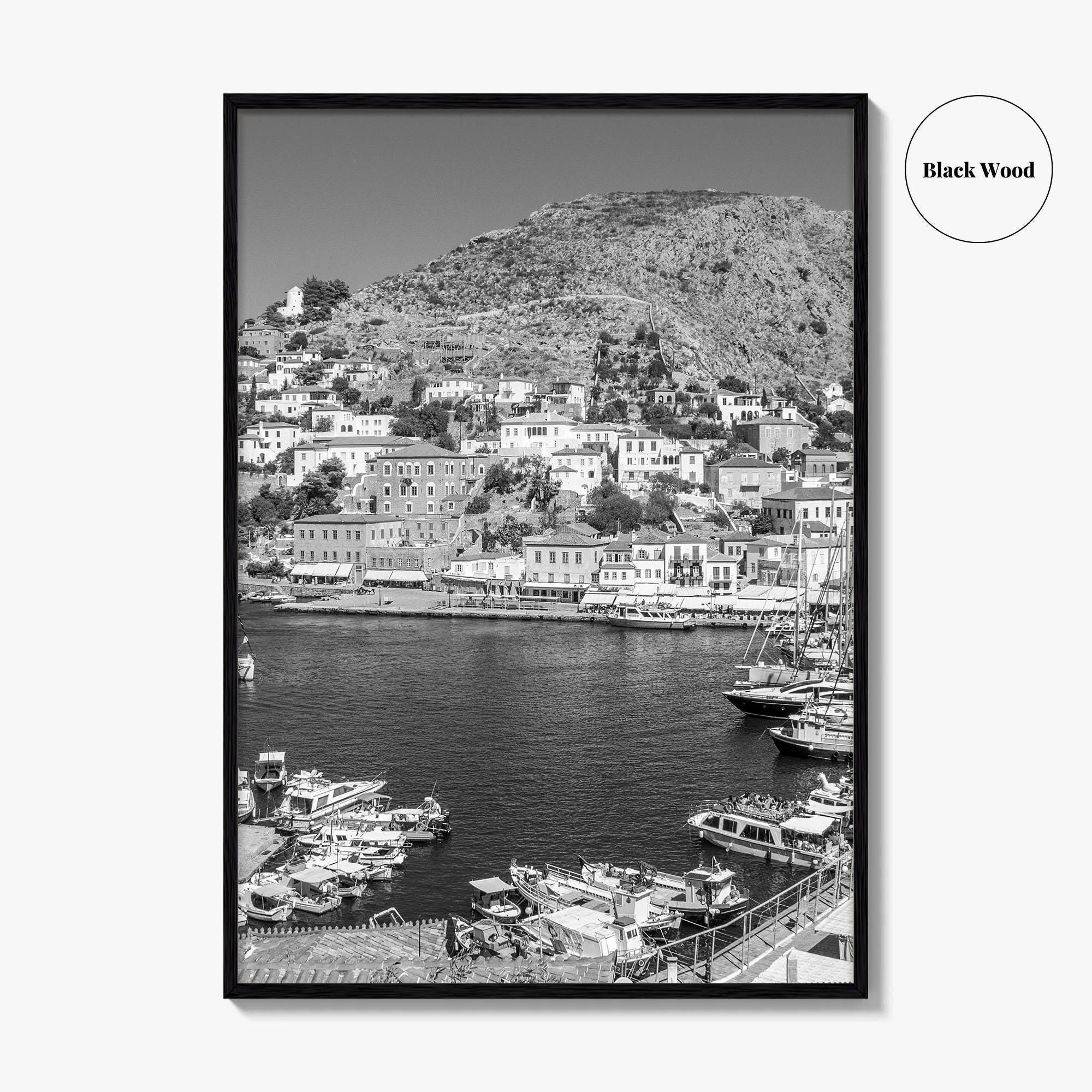 Hydra Black and White Fine Art Photo Print, Harbor, Island Greece Wall Decor Poster