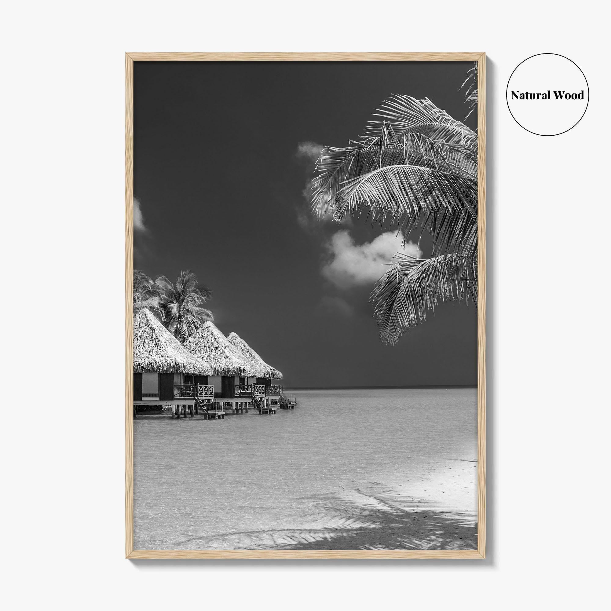 Maldives Black and White Fine Art Photo Print, Overwater Bungalows, Tropical Beach, Wall Poster