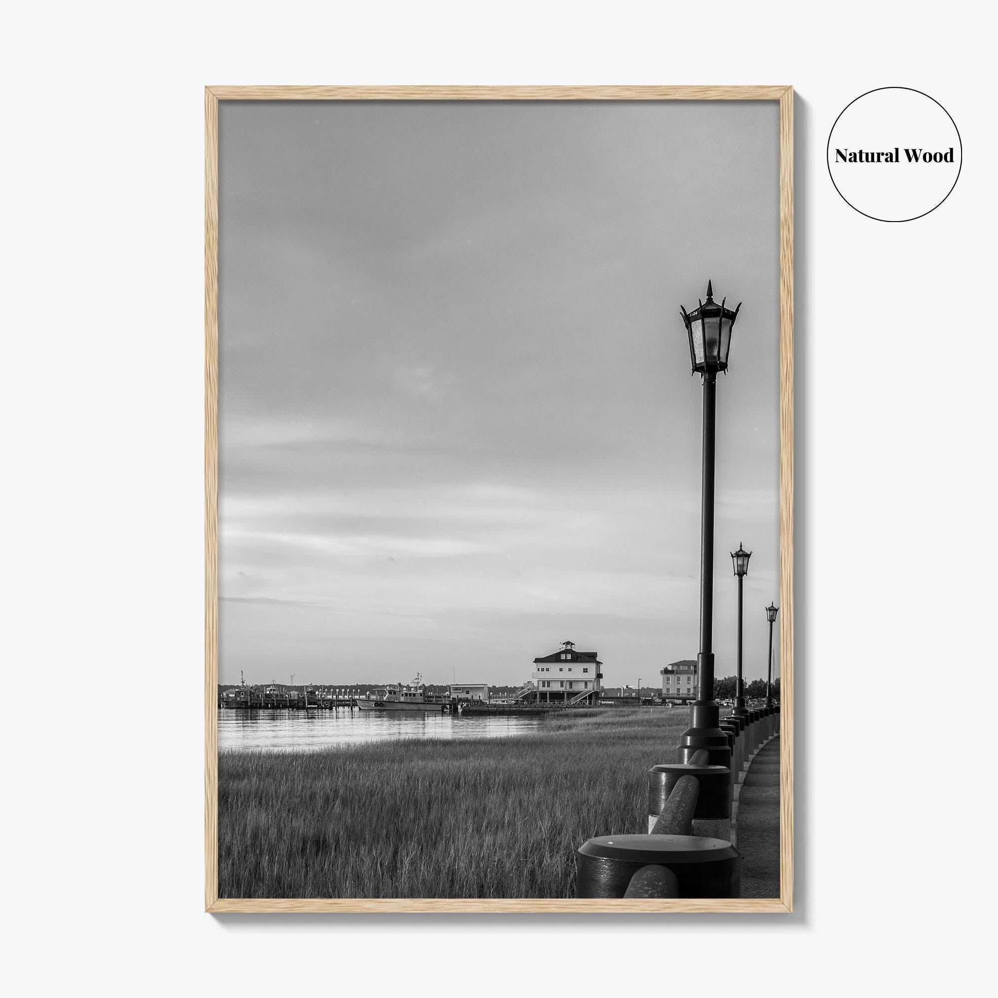 Charleston South Carolina Black and White Fine Art Photo Print, Boardwalk, Street Lamps, USA