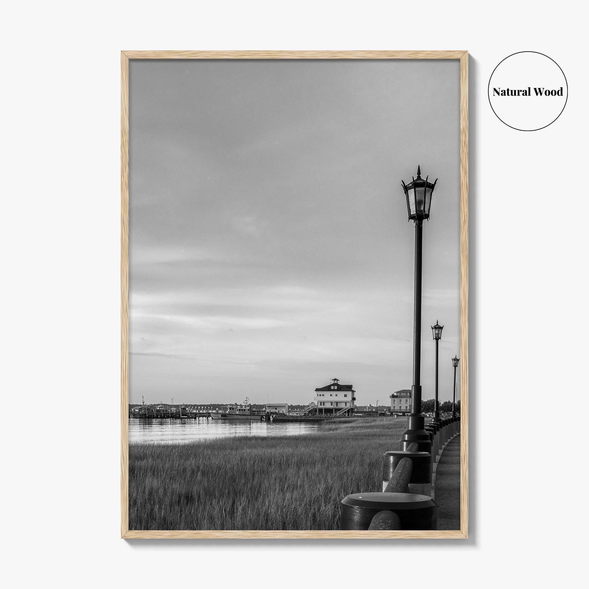 Charleston South Carolina Black and White Fine Art Photo Print, Boardwalk, Street Lamps, USA