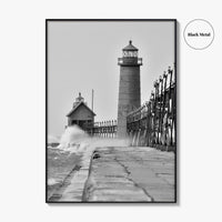 Grand Haven Black and White Fine Art Photo Print, Lighthouse, Michigan USA, Wall Poster
