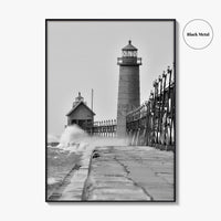 Grand Haven Black and White Fine Art Photo Print, Lighthouse, Michigan USA, Wall Poster