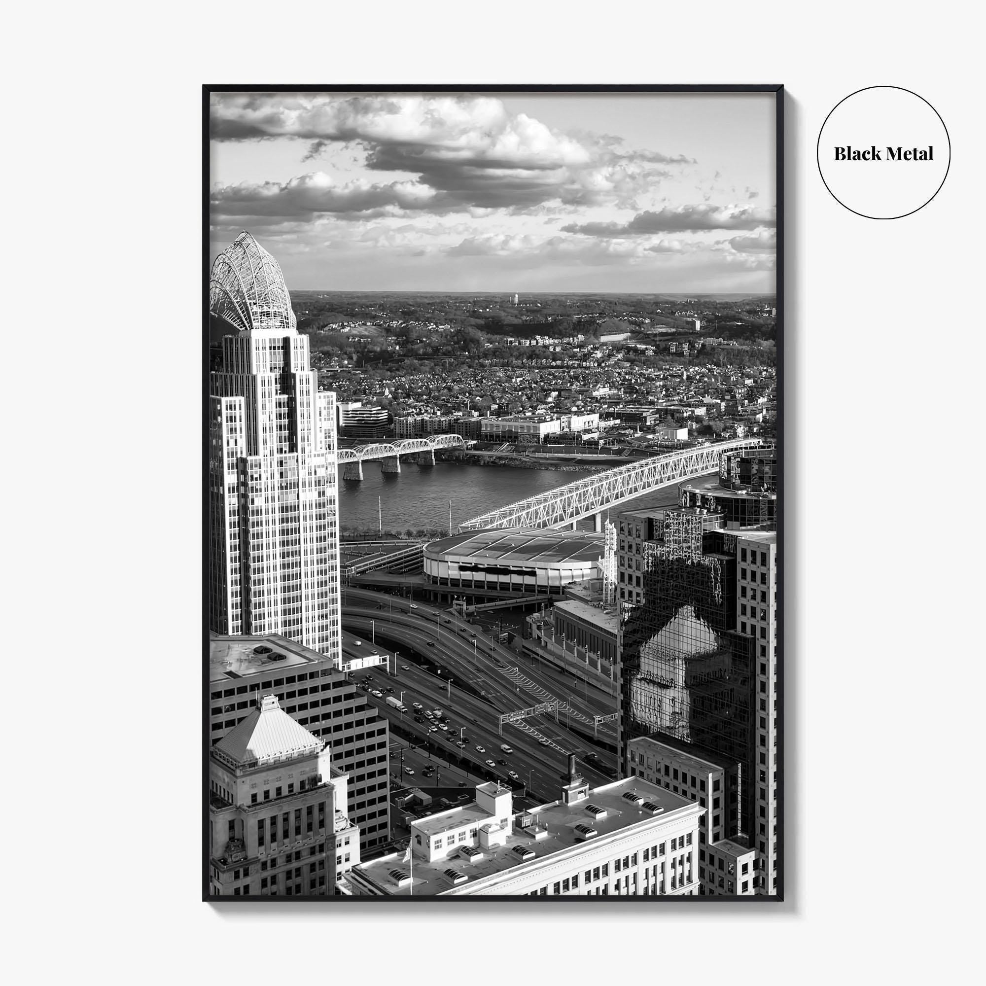 Cincinnati Skyline Black and White Fine Art Photo Print, Ohio River, USA Poster