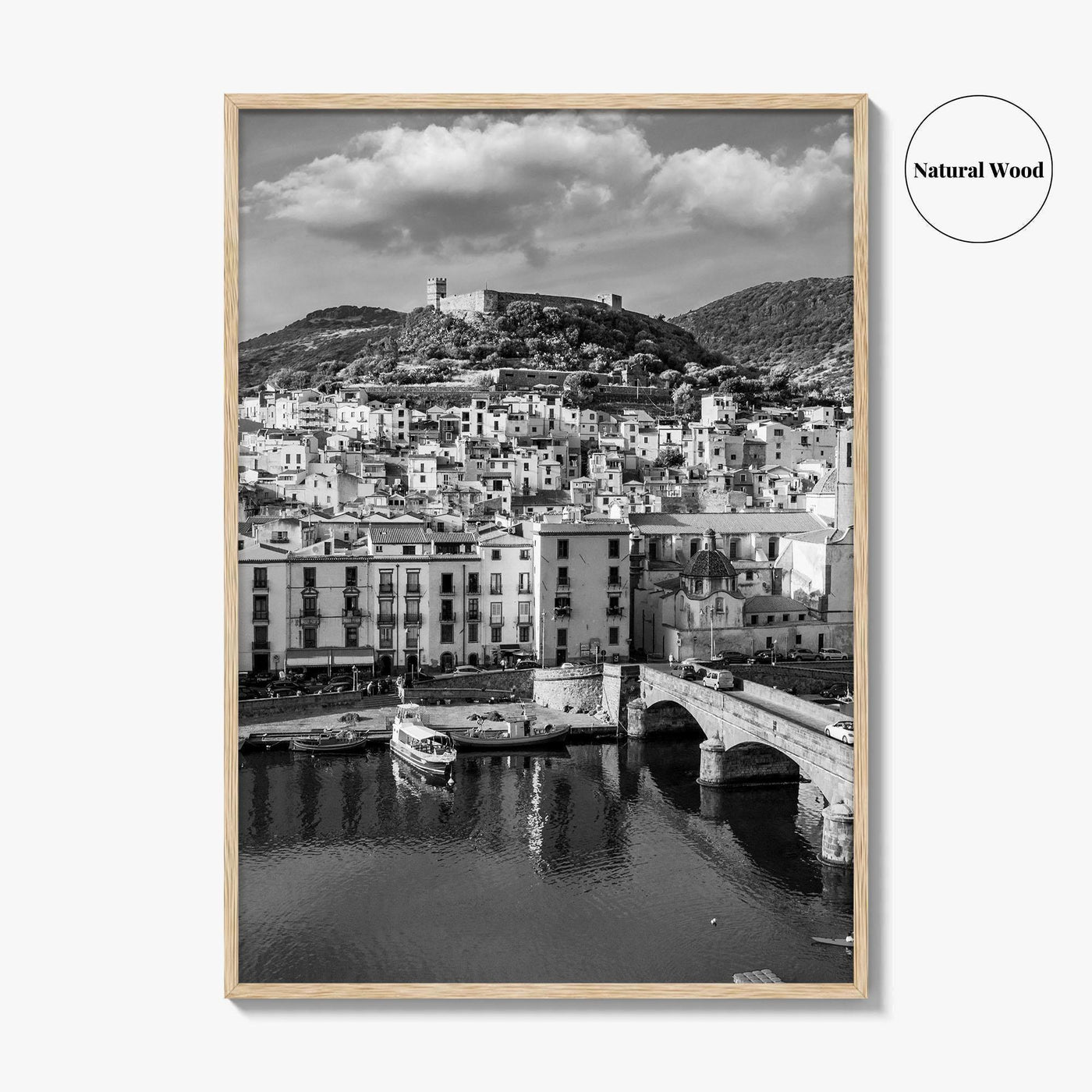 Bosa Black and White Fine Art Photo Print, Sardinia Italy, Sardegna, Aerial View, Poster