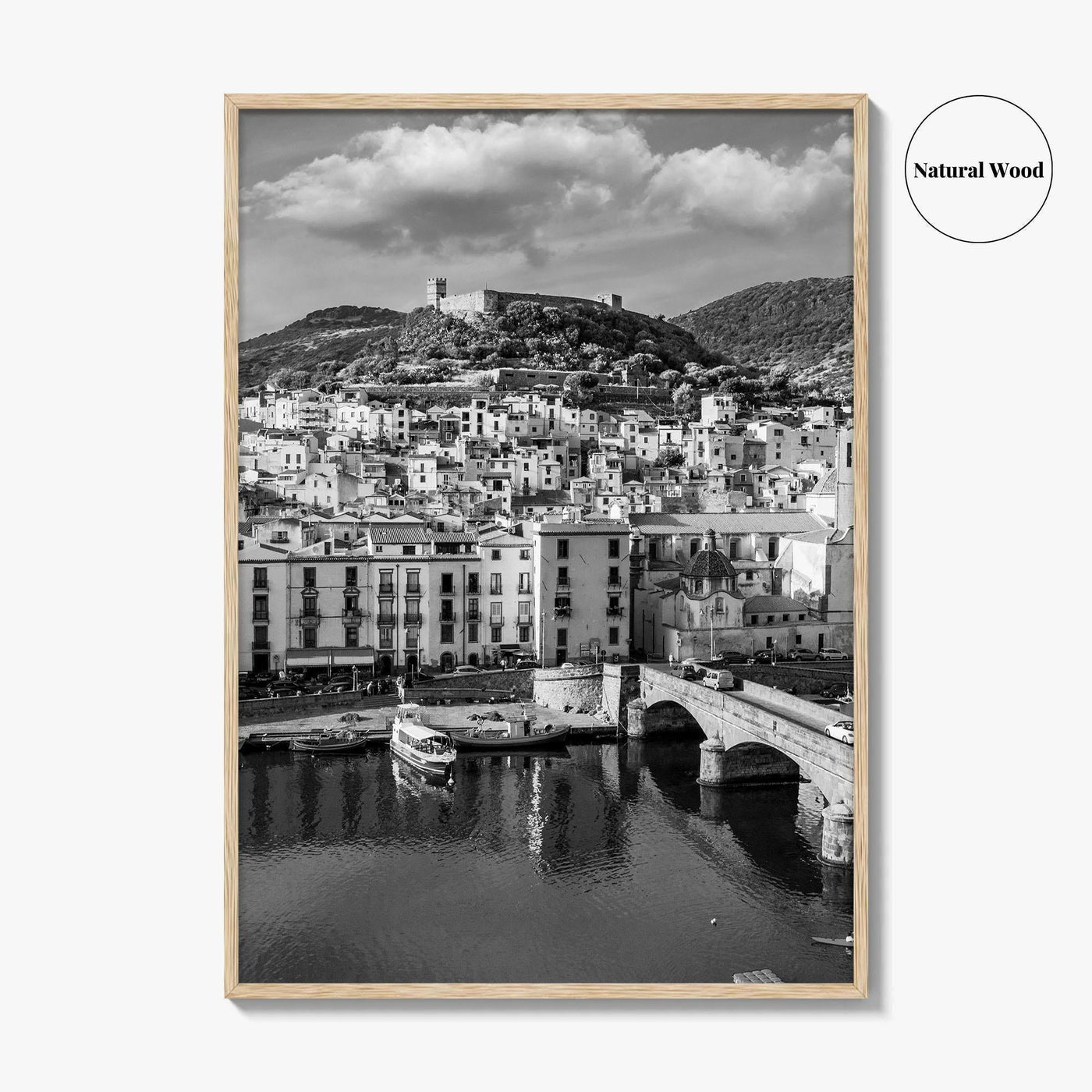 Bosa Black and White Fine Art Photo Print, Sardinia Italy, Sardegna, Aerial View, Poster