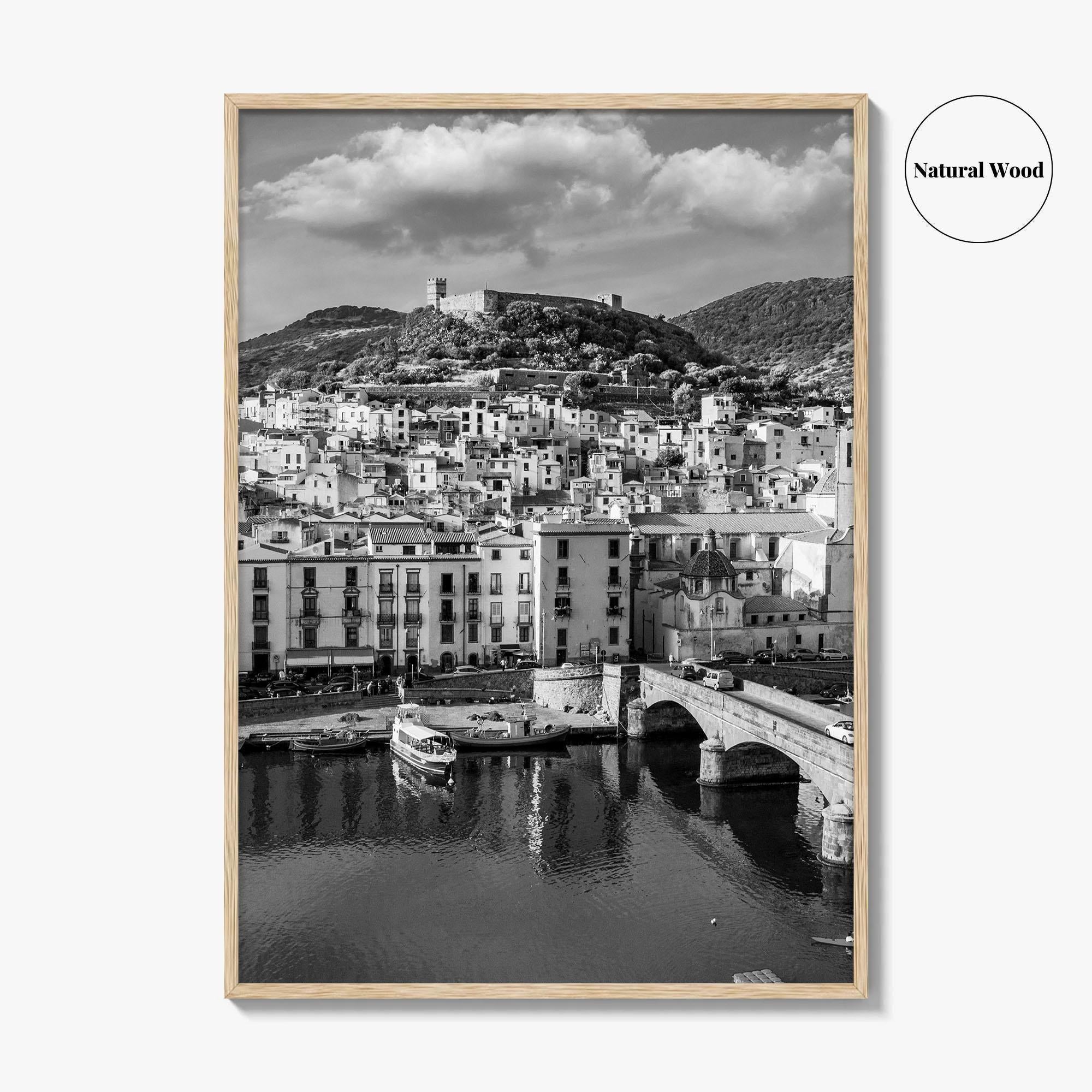 Bosa Black and White Fine Art Photo Print, Sardinia Italy, Sardegna, Aerial View, Poster