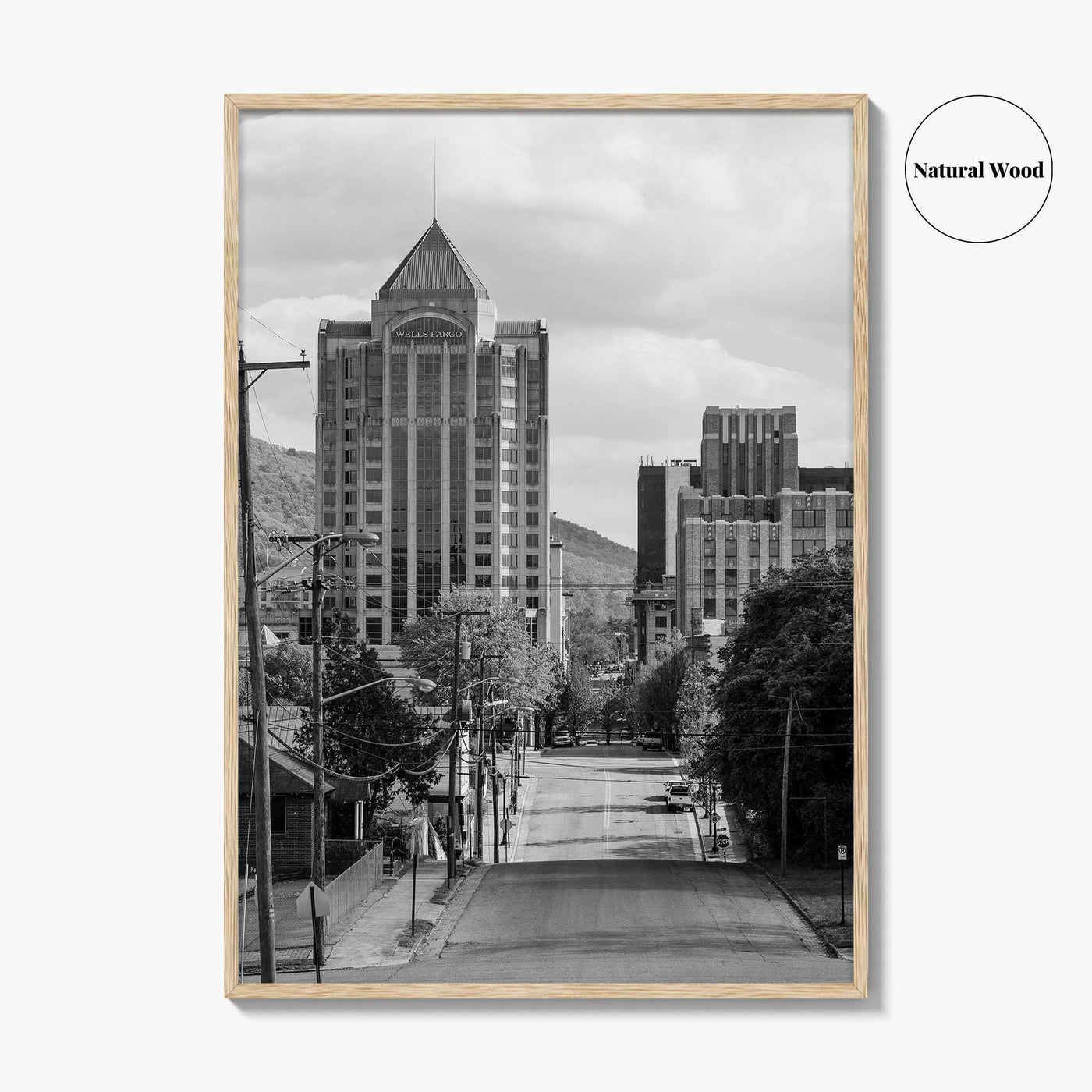Roanoke Skyline Black and White Fine Art Photo Print, Jefferson Street, Virginia, Wall Decor