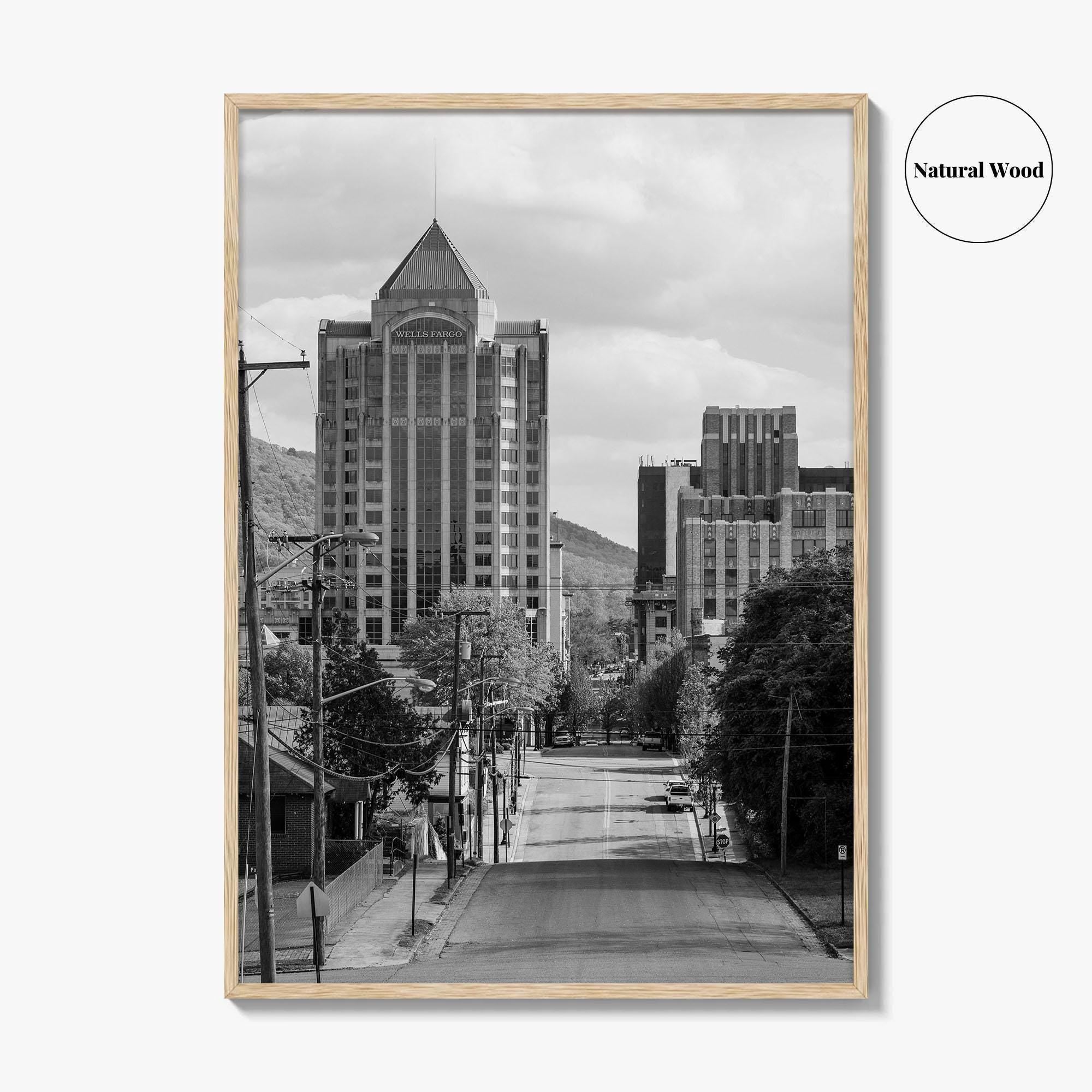 Roanoke Skyline Black and White Fine Art Photo Print, Jefferson Street, Virginia, Wall Decor